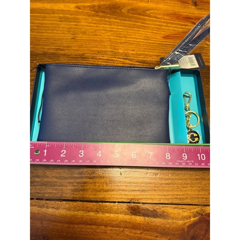 C. Wonder Wristlet Wallet & Key Fob Set Womens Navy Blue Laser Cut NWT